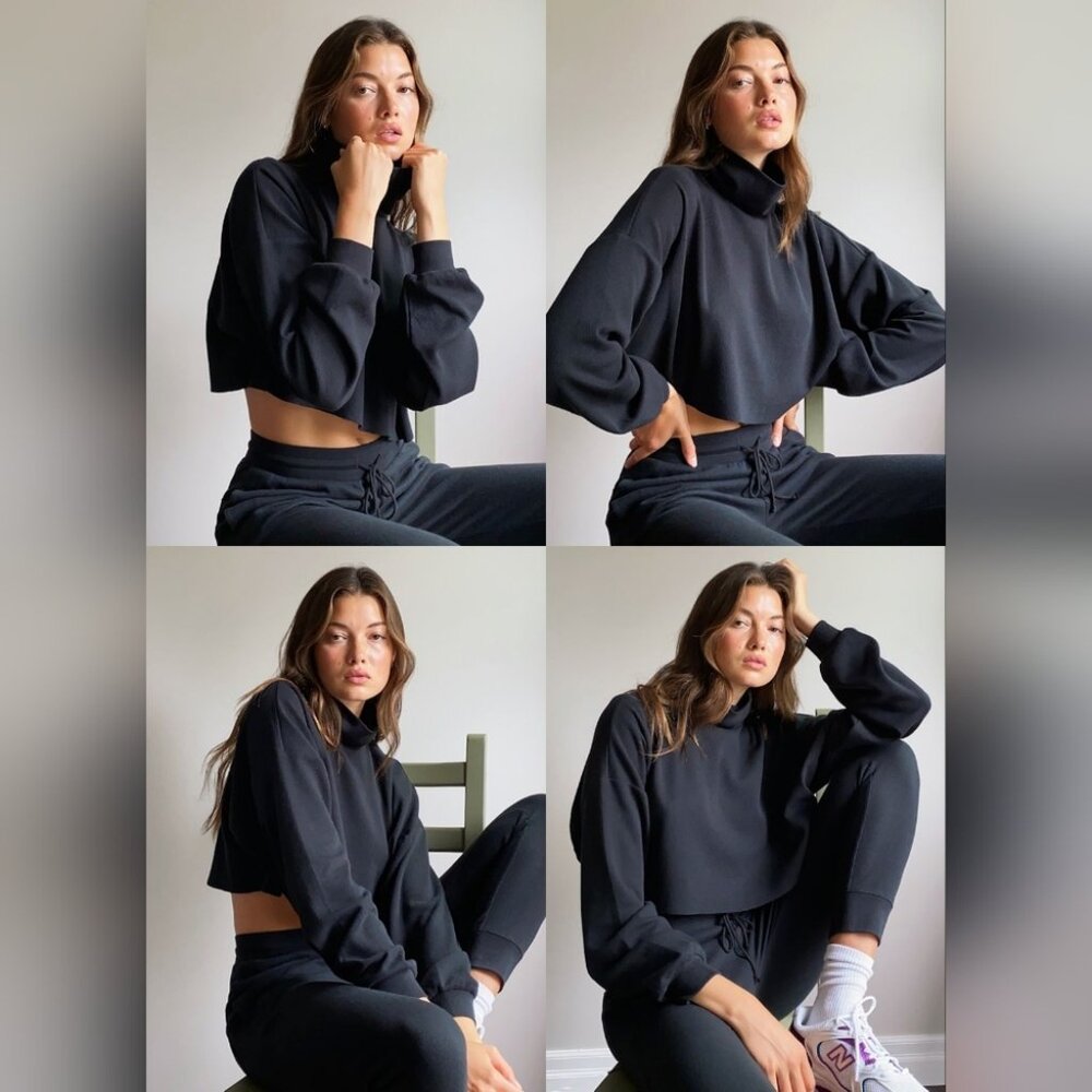 Aritzia Sunday Best Black Kingston Turtleneck Waffle Knit Long Sleeve Top Sz L
